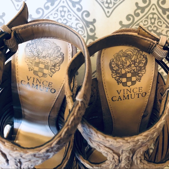 Vince Camuto | Braided Suede Taupe Janil Wedges - Picture 3 of 7